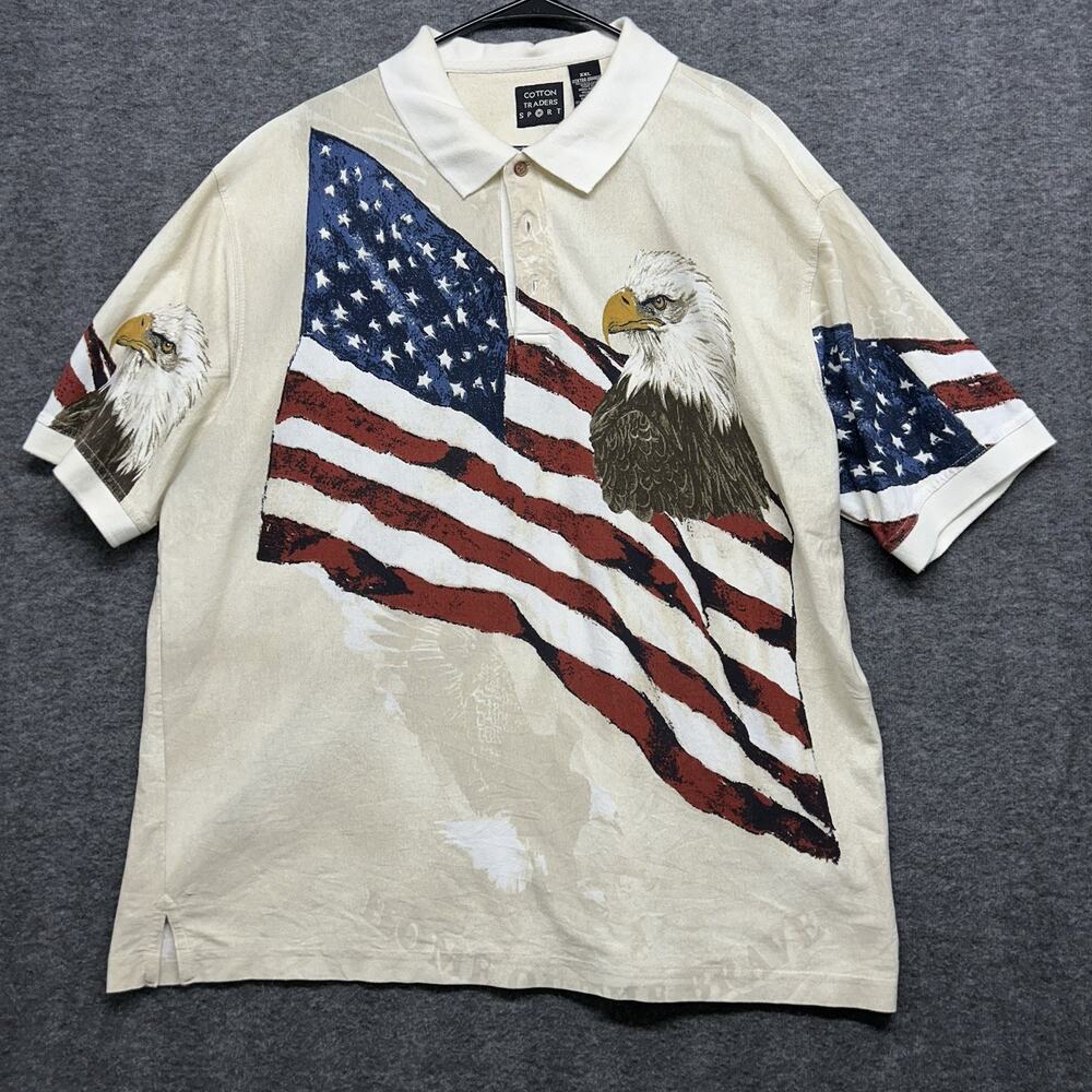 Cotton‎ Traders Sport Polo Shirt Men XXL White Red Blue Flag USA Patriotic Eagle